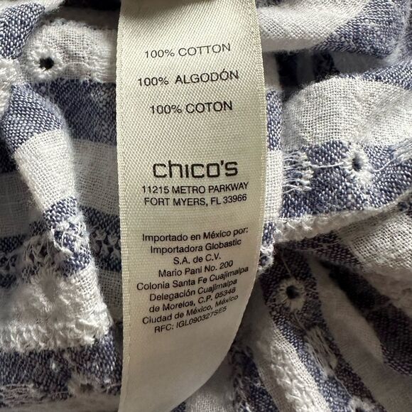 Chico’s Button Down Top Blue White Striped Eyelet Womens Size Medium - Picture 6 of 7